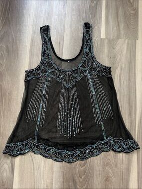 Vintage Black Beaded Sleeveless Mesh Tank Top - Black